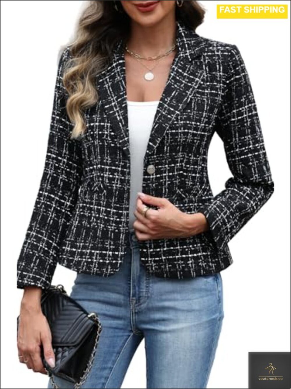 Women's Tweed Blazer Long Sleeve Two Button Business Casual Slim Fit Blazer
